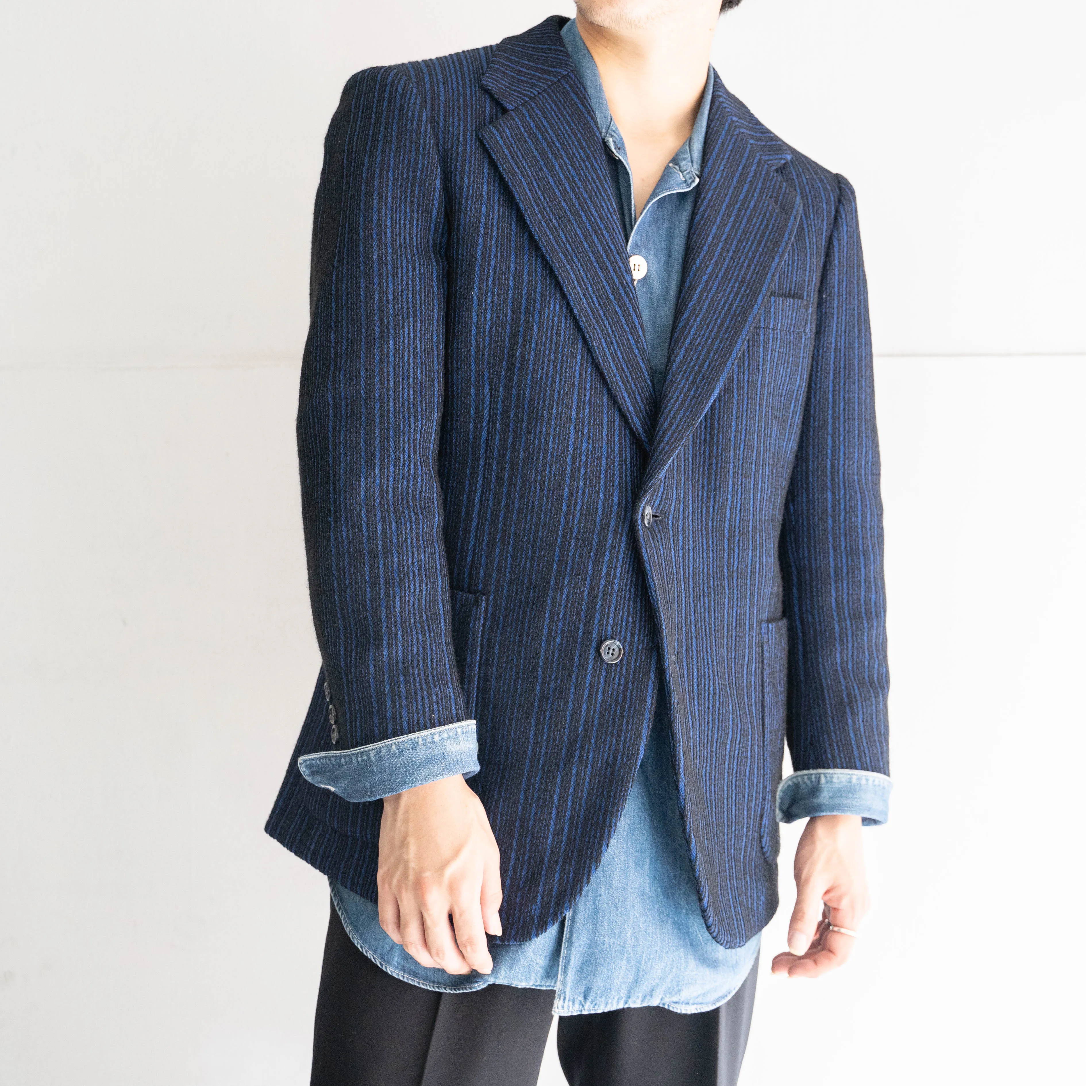 1970-80s Japan vintage blue×black random stripe tailored jacket