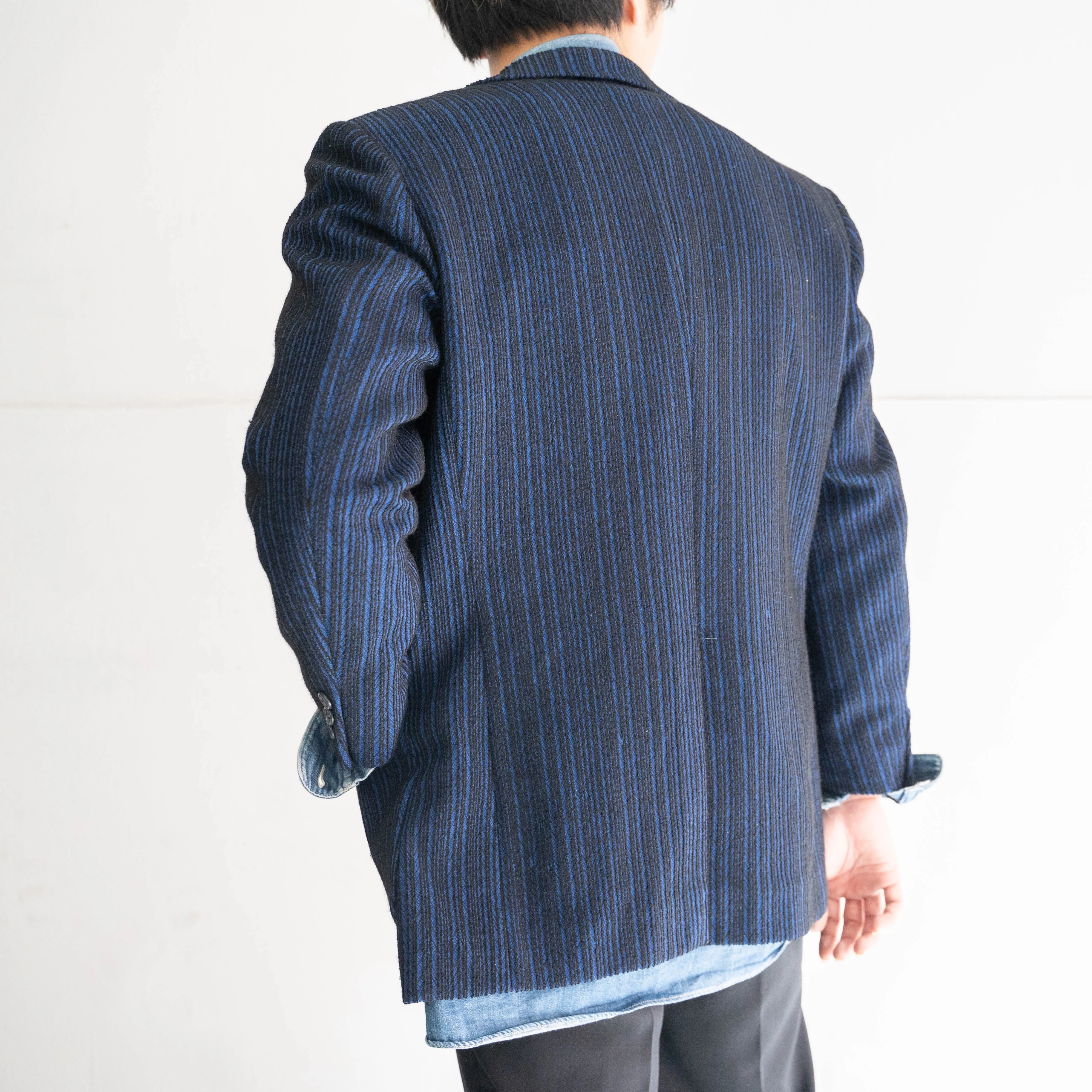1970-80s Japan vintage blue×black random stripe tailored jacket