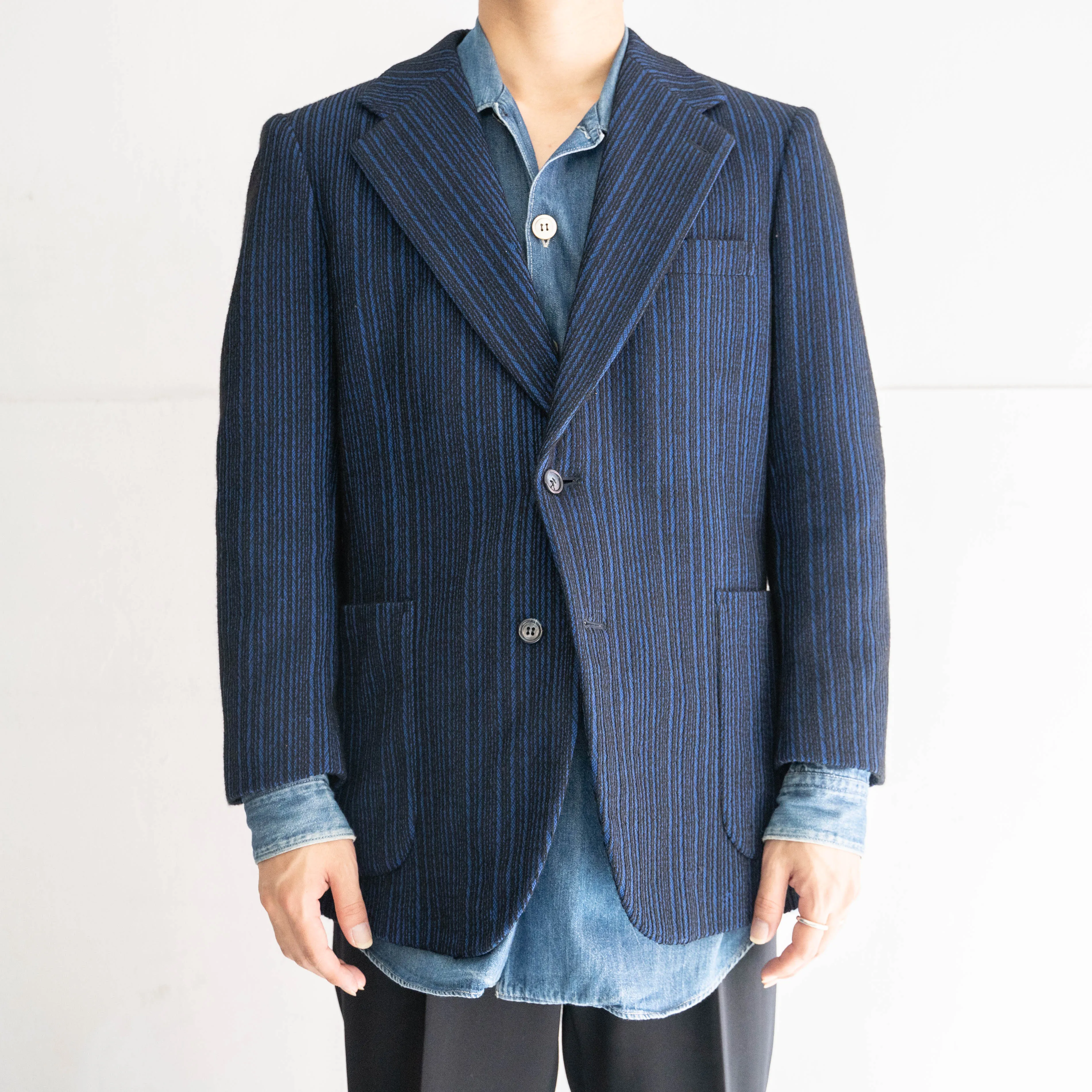 1970-80s Japan vintage blue×black random stripe tailored jacket