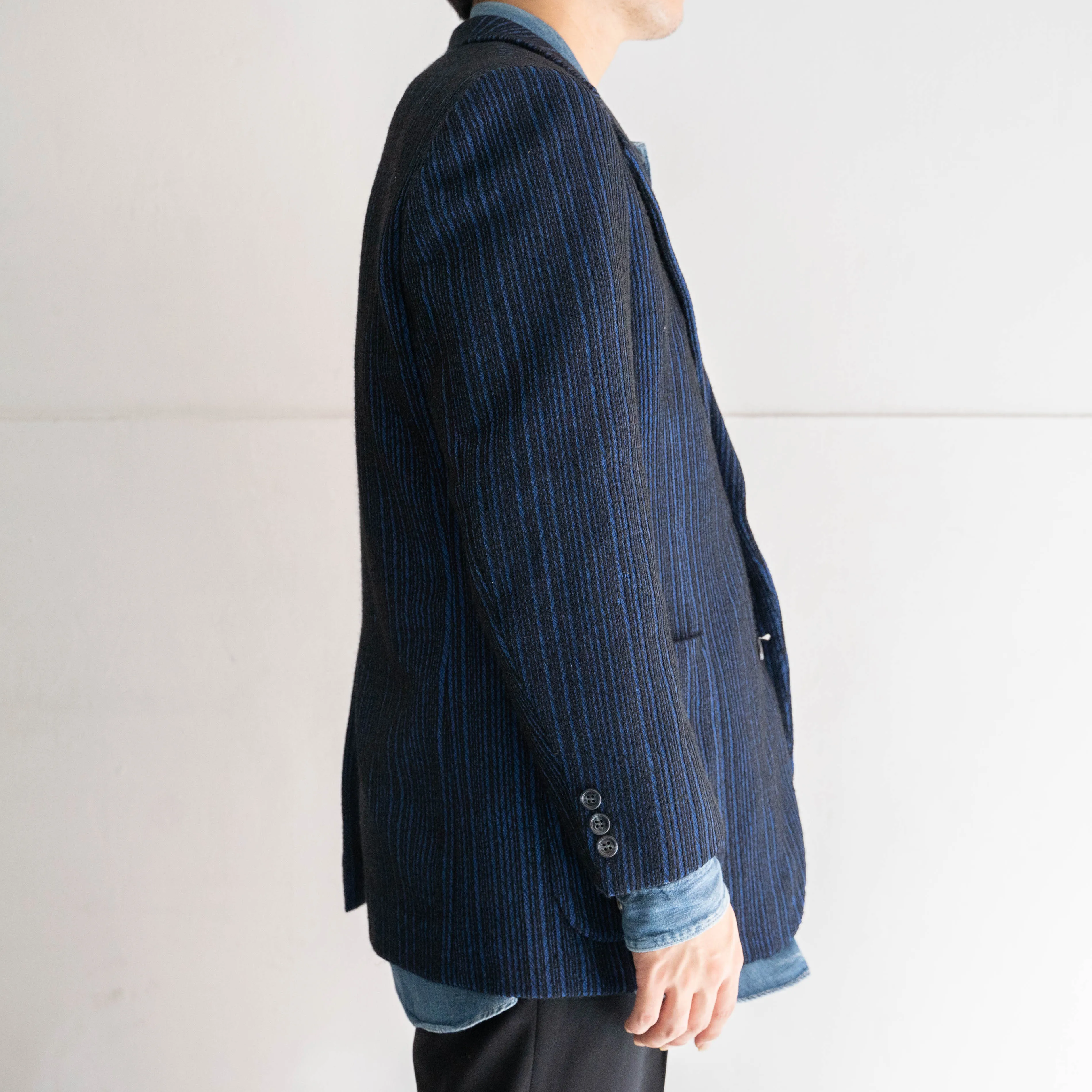 1970-80s Japan vintage blue×black random stripe tailored jacket