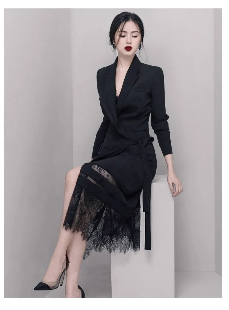 2020 High Quality Women Black Notched Collar Autumn Lace Patchwork Party Dress Vestidos Ladies Winter Casual Slim Dresses