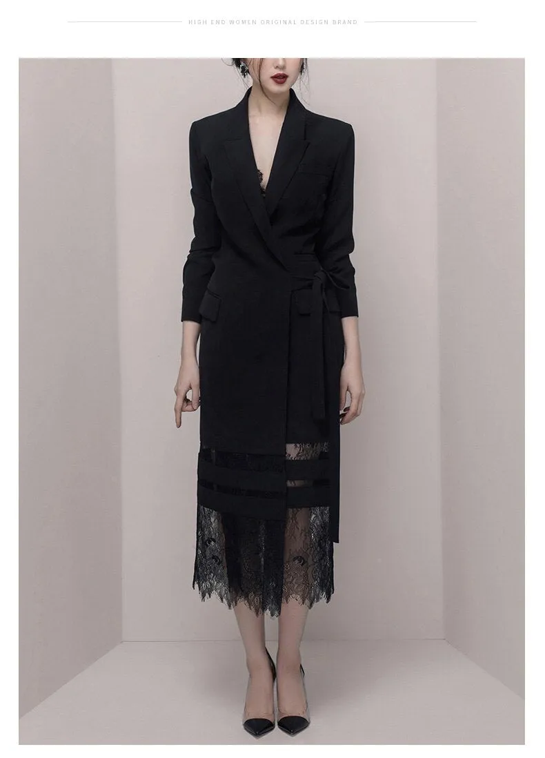 2020 High Quality Women Black Notched Collar Autumn Lace Patchwork Party Dress Vestidos Ladies Winter Casual Slim Dresses