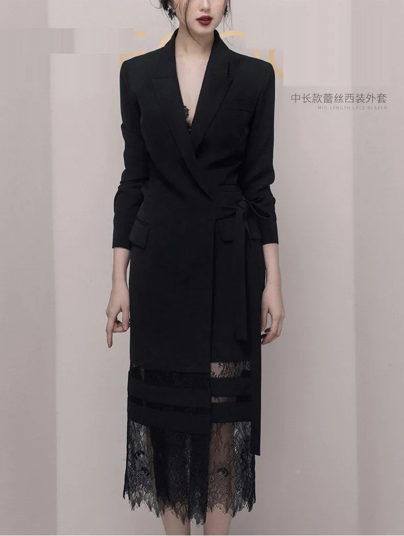 2020 High Quality Women Black Notched Collar Autumn Lace Patchwork Party Dress Vestidos Ladies Winter Casual Slim Dresses