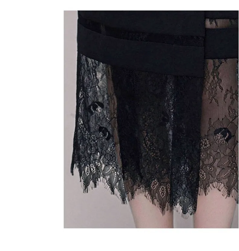 2020 High Quality Women Black Notched Collar Autumn Lace Patchwork Party Dress Vestidos Ladies Winter Casual Slim Dresses