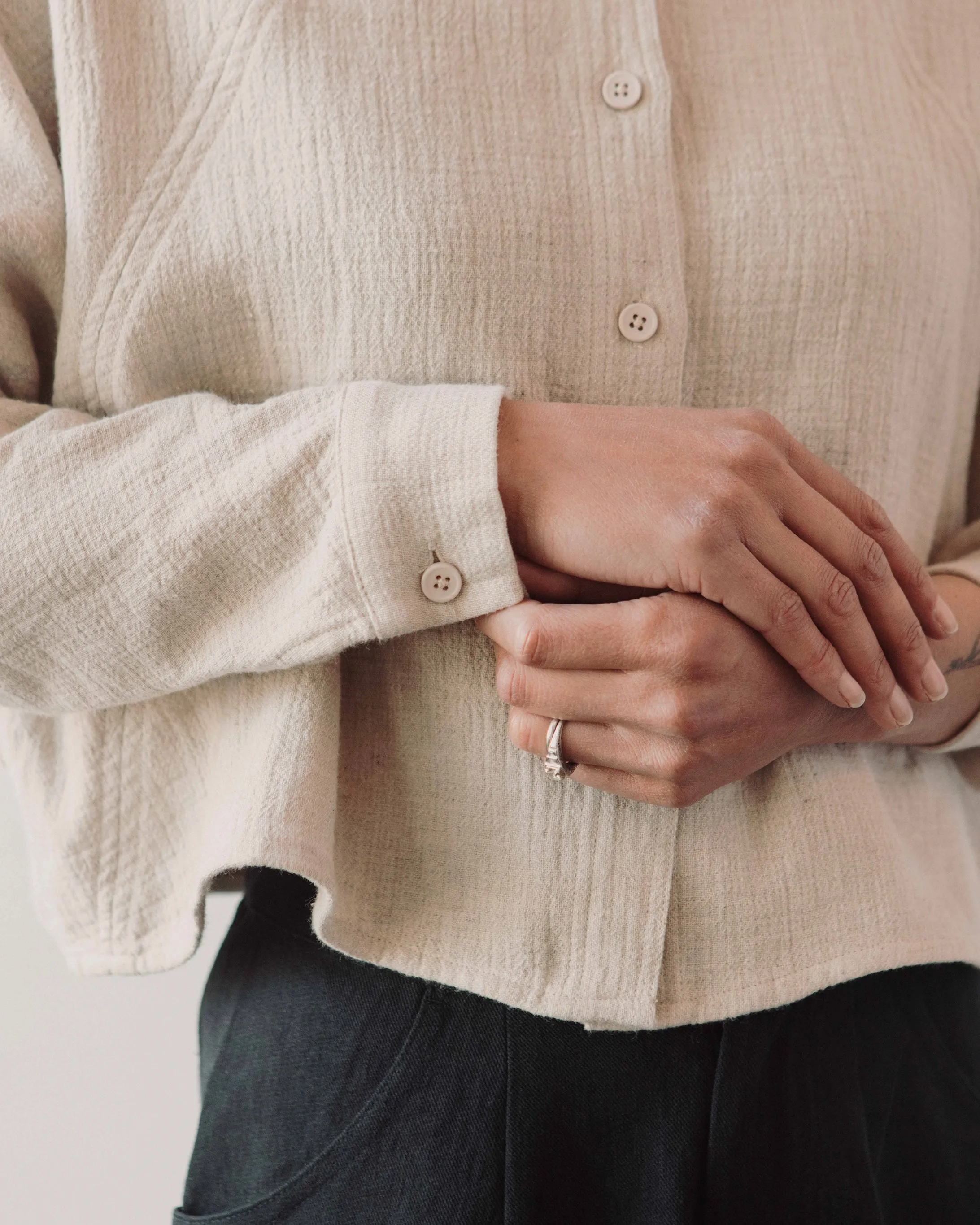 7115 Gauze 3/4 Cropped Shirt Jacket, Oatmeal