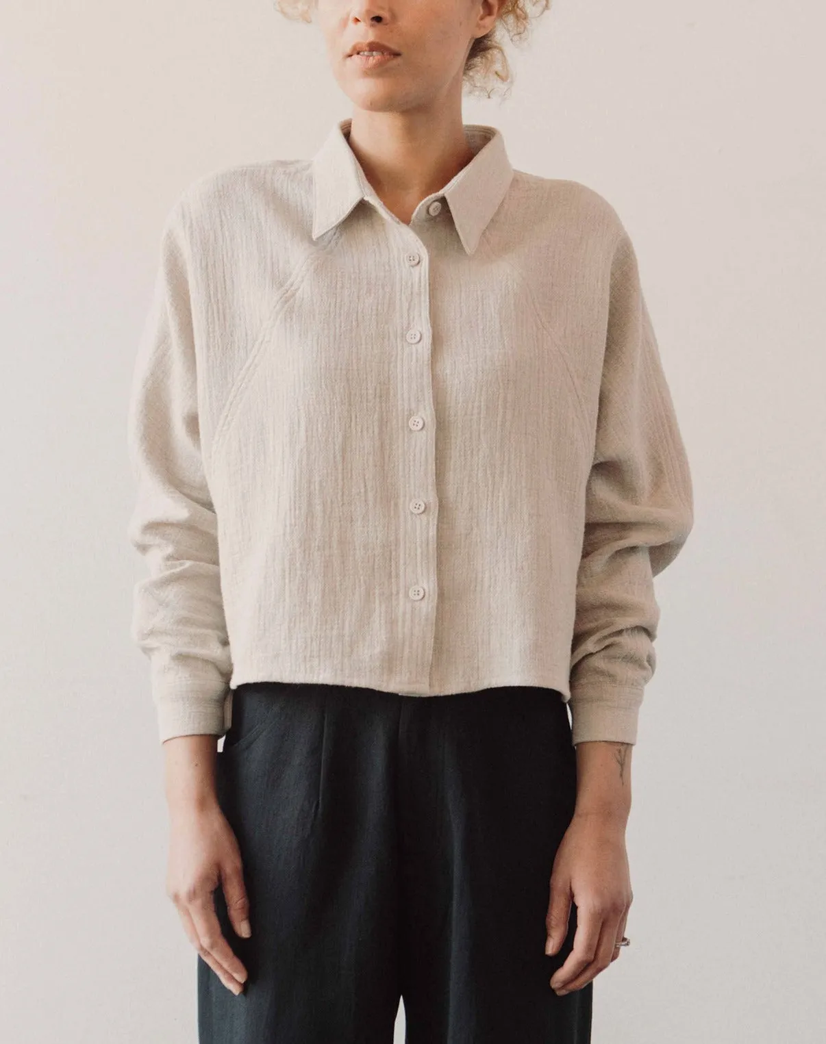7115 Gauze 3/4 Cropped Shirt Jacket, Oatmeal
