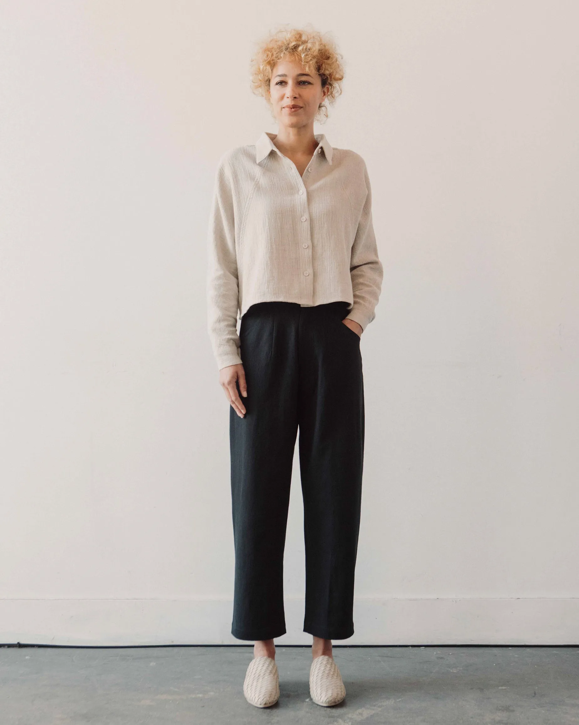7115 Gauze 3/4 Cropped Shirt Jacket, Oatmeal