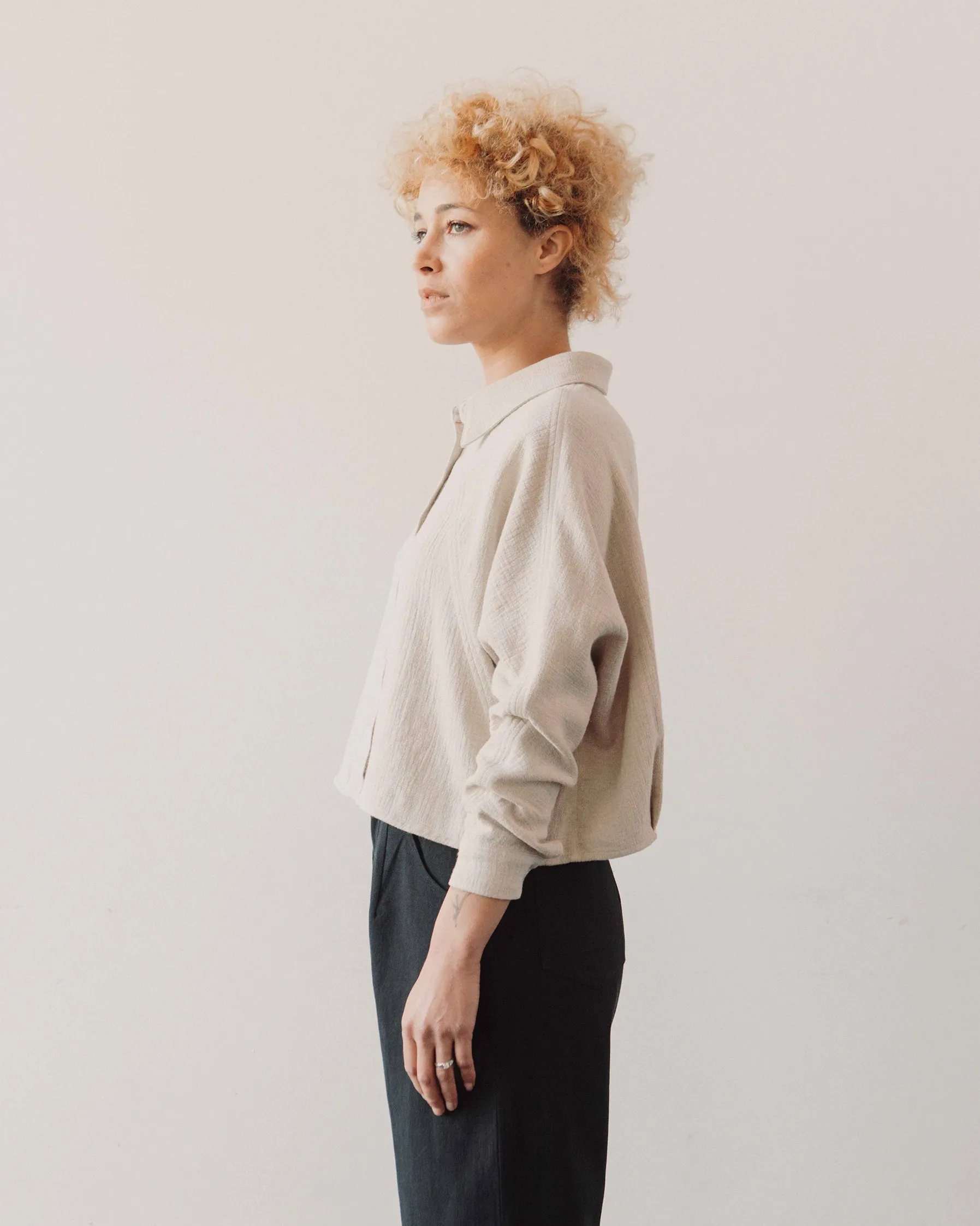 7115 Gauze 3/4 Cropped Shirt Jacket, Oatmeal