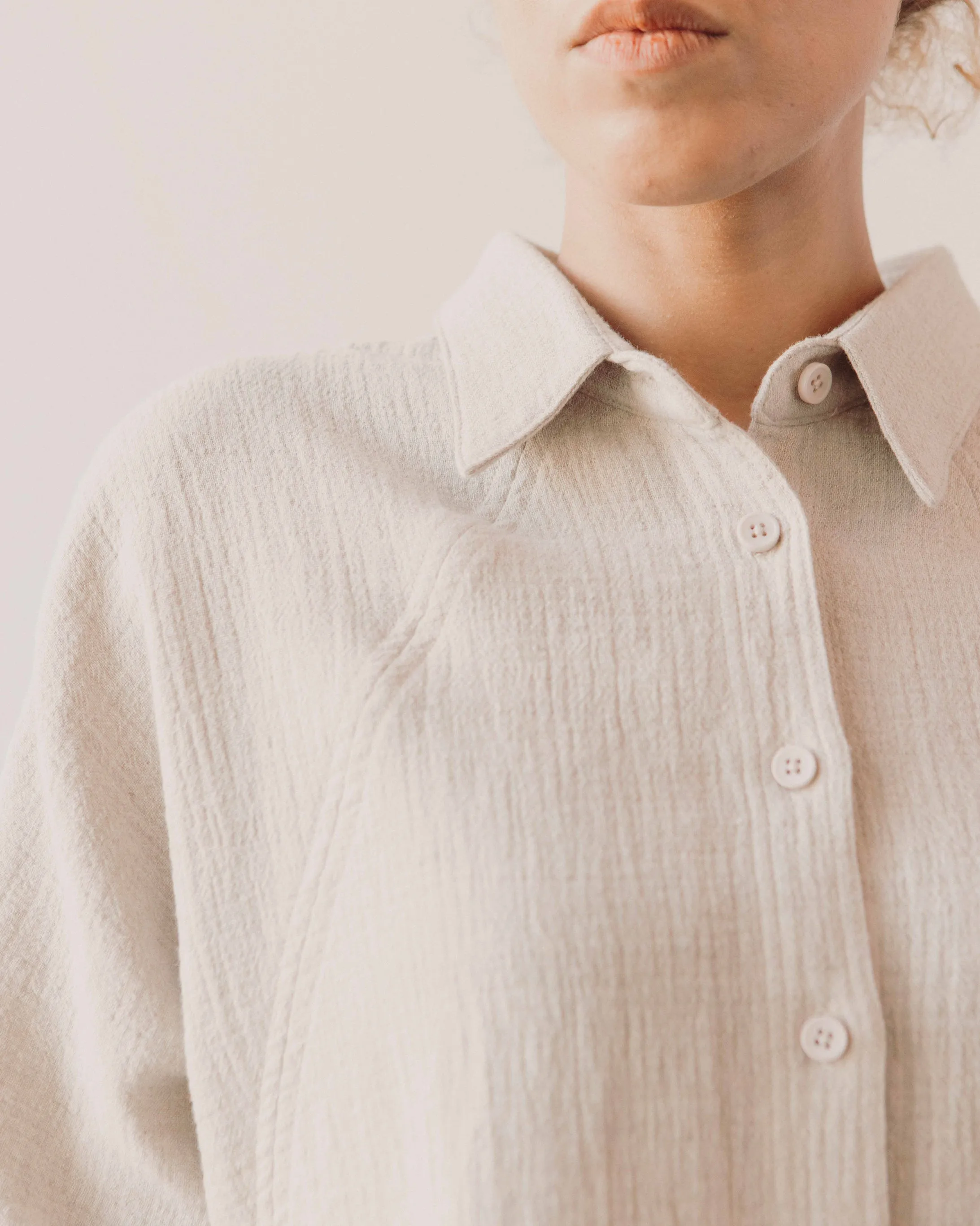 7115 Gauze 3/4 Cropped Shirt Jacket, Oatmeal