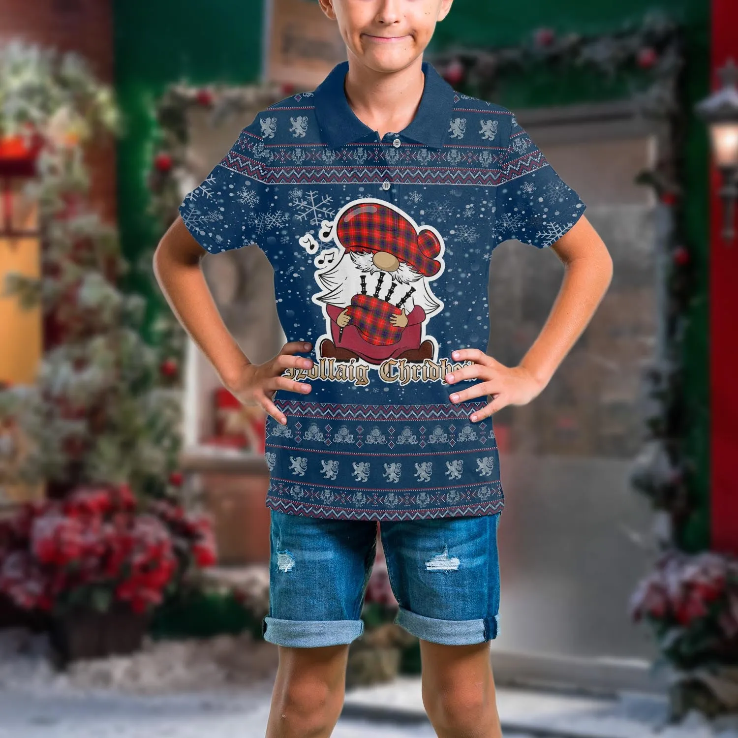 Abernethy Clan Christmas Family Polo Shirt with Funny Gnome Playing Bagpipes