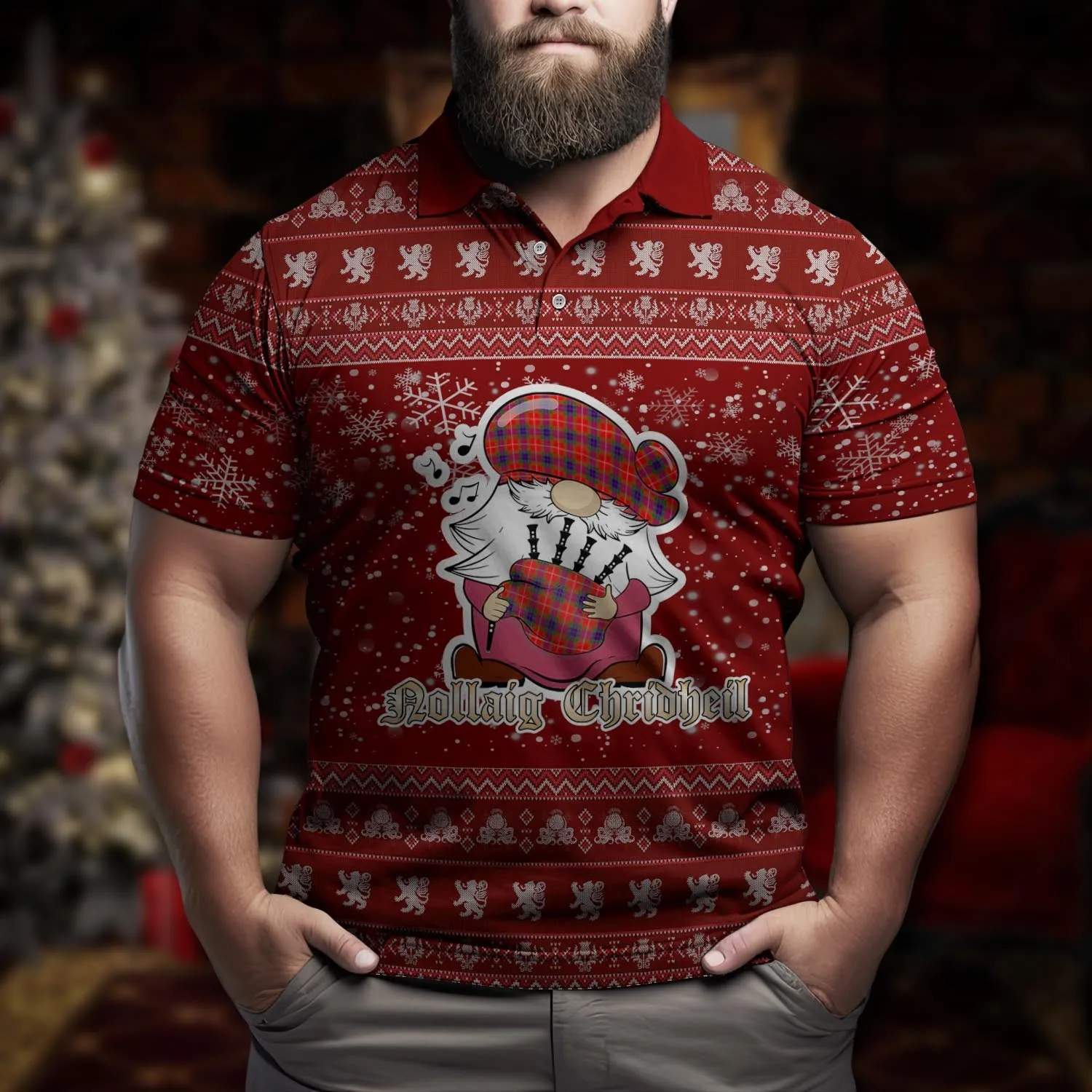 Abernethy Clan Christmas Family Polo Shirt with Funny Gnome Playing Bagpipes