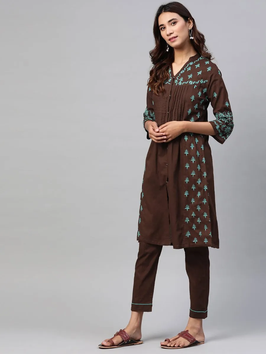 ADA Women Brown & Green Chikankari Embroidered Handloom Kurta with Trousers