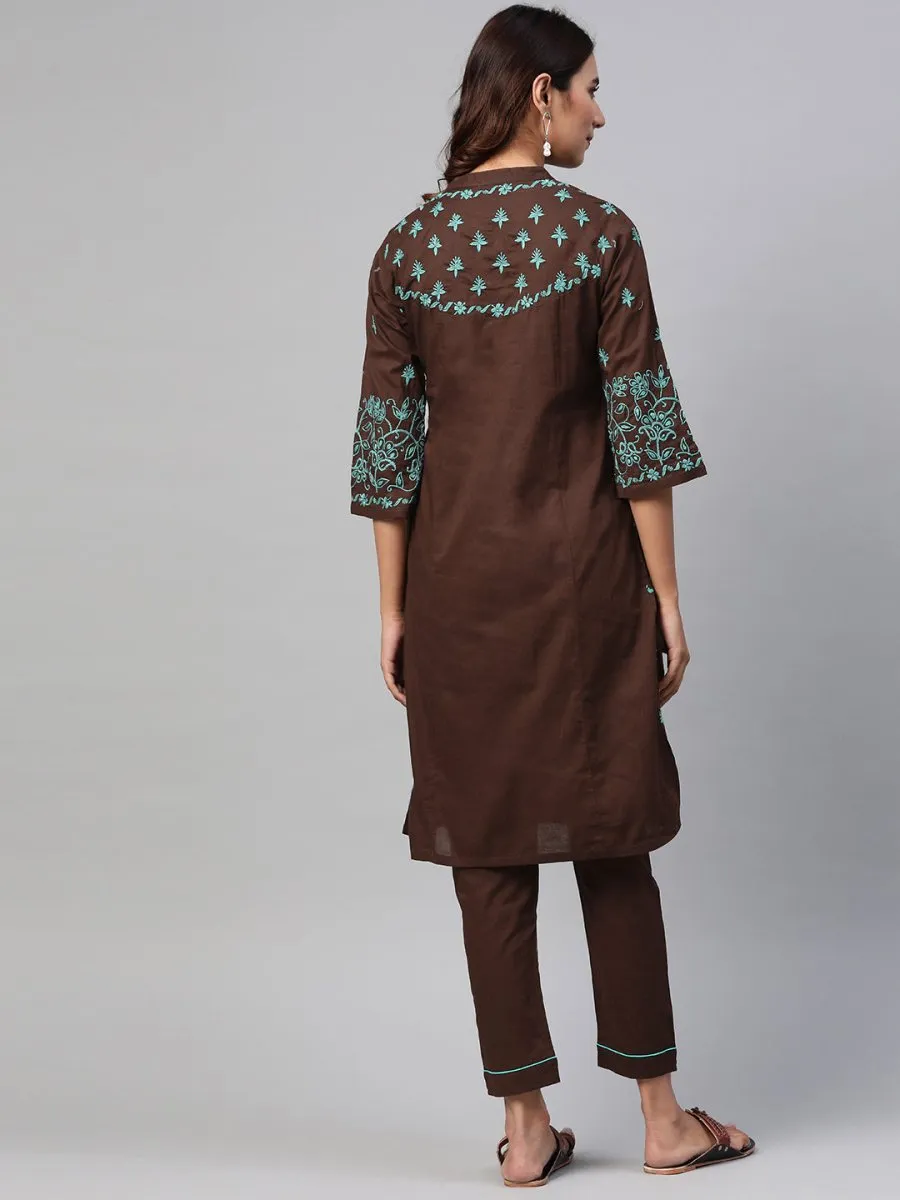 ADA Women Brown & Green Chikankari Embroidered Handloom Kurta with Trousers