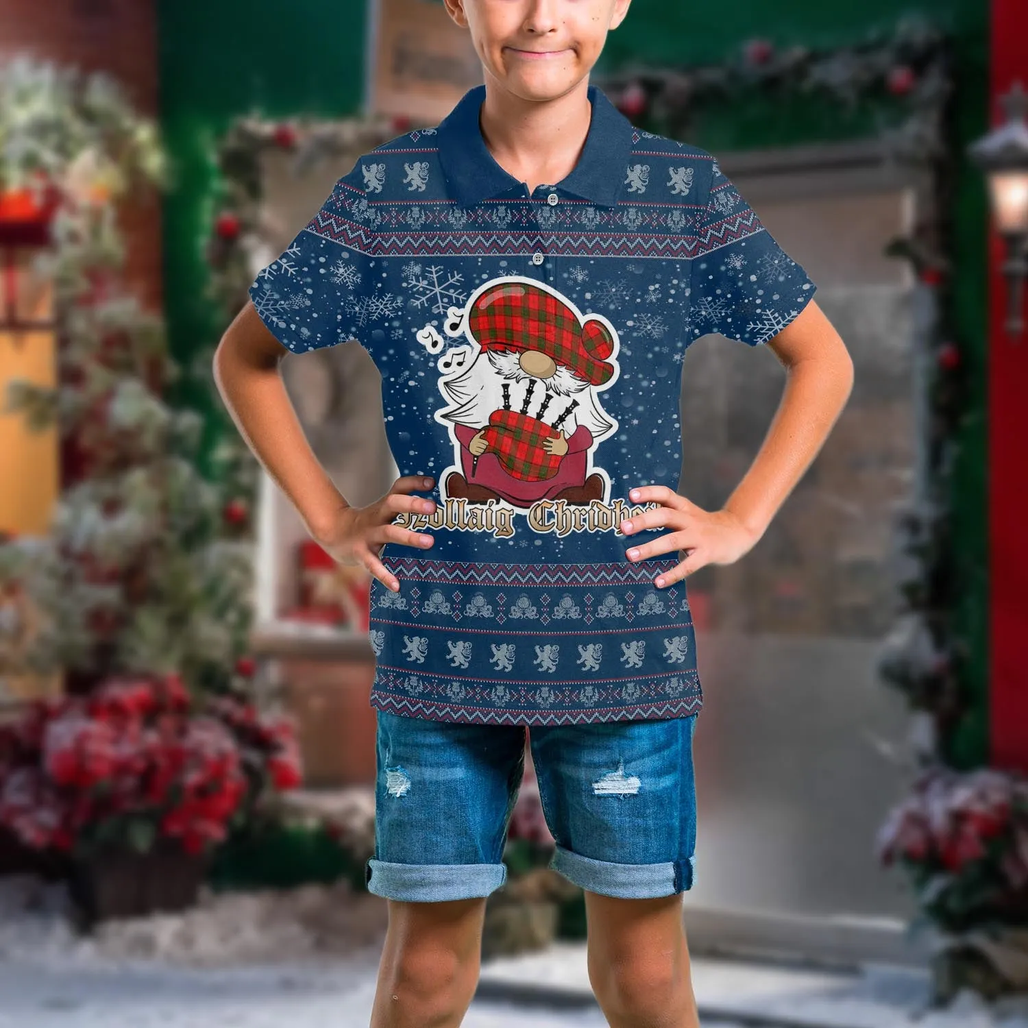 Adair Clan Christmas Family Polo Shirt with Funny Gnome Playing Bagpipes