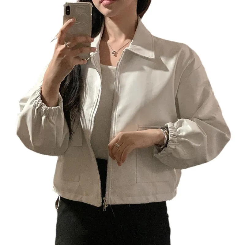 Amozae discover style ideas Lapel Double Open Zipper Design Large Pocket Drawstring Lace-up Long Sleeve Leather Coat for Women