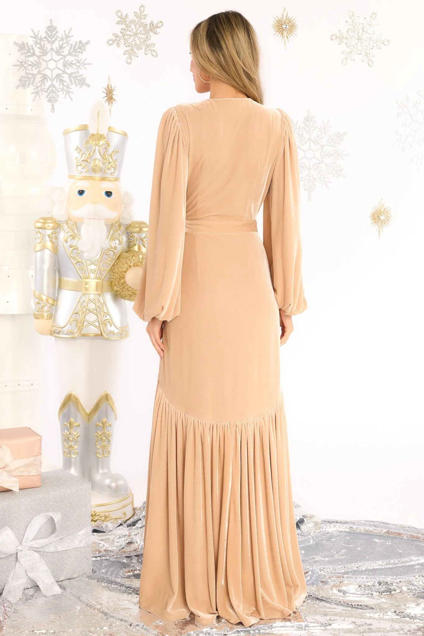 An Absolute Treasure Champagne Velvet Maxi Dress