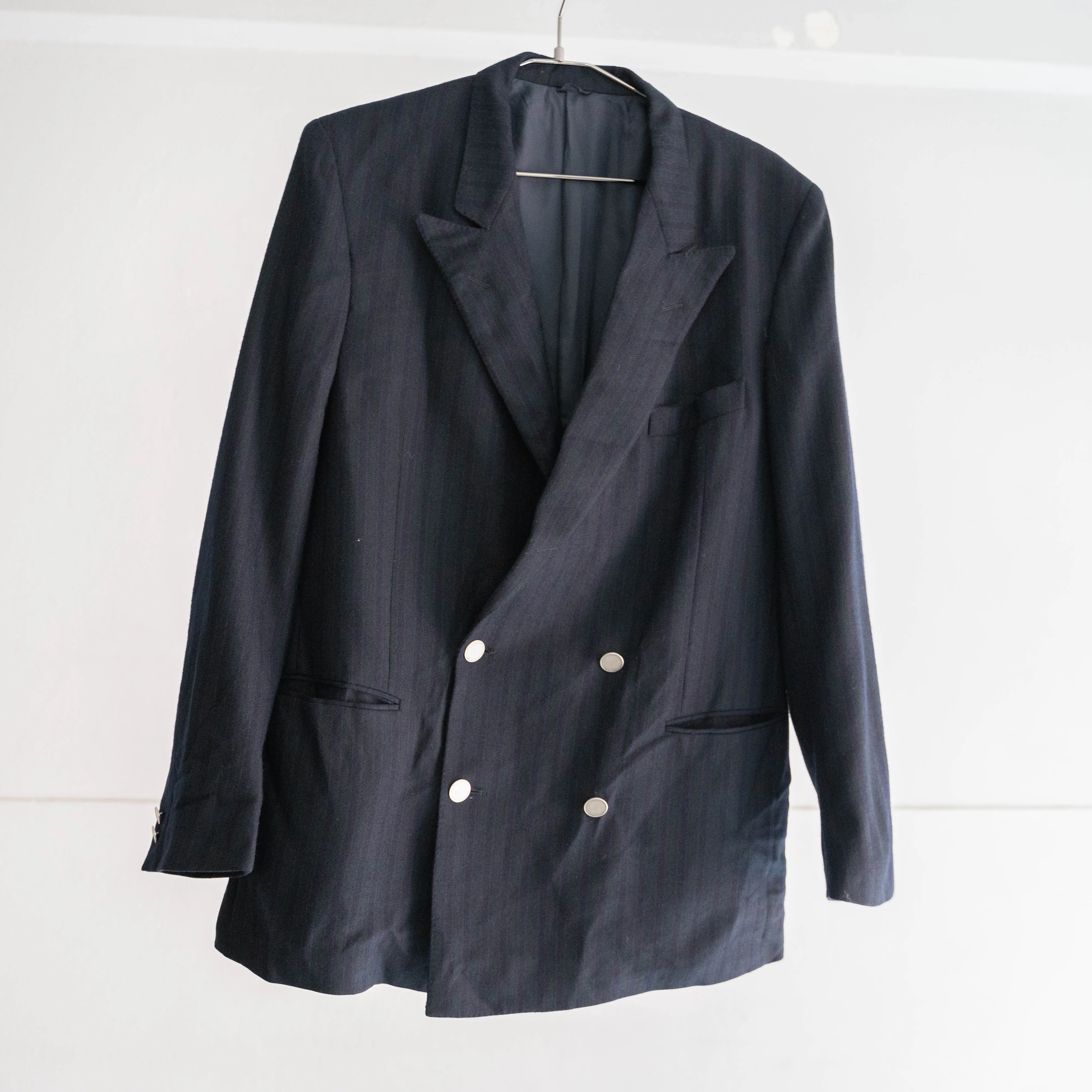 around 1980s Japan vintage green×navy×blue stripe double breasted jacket　