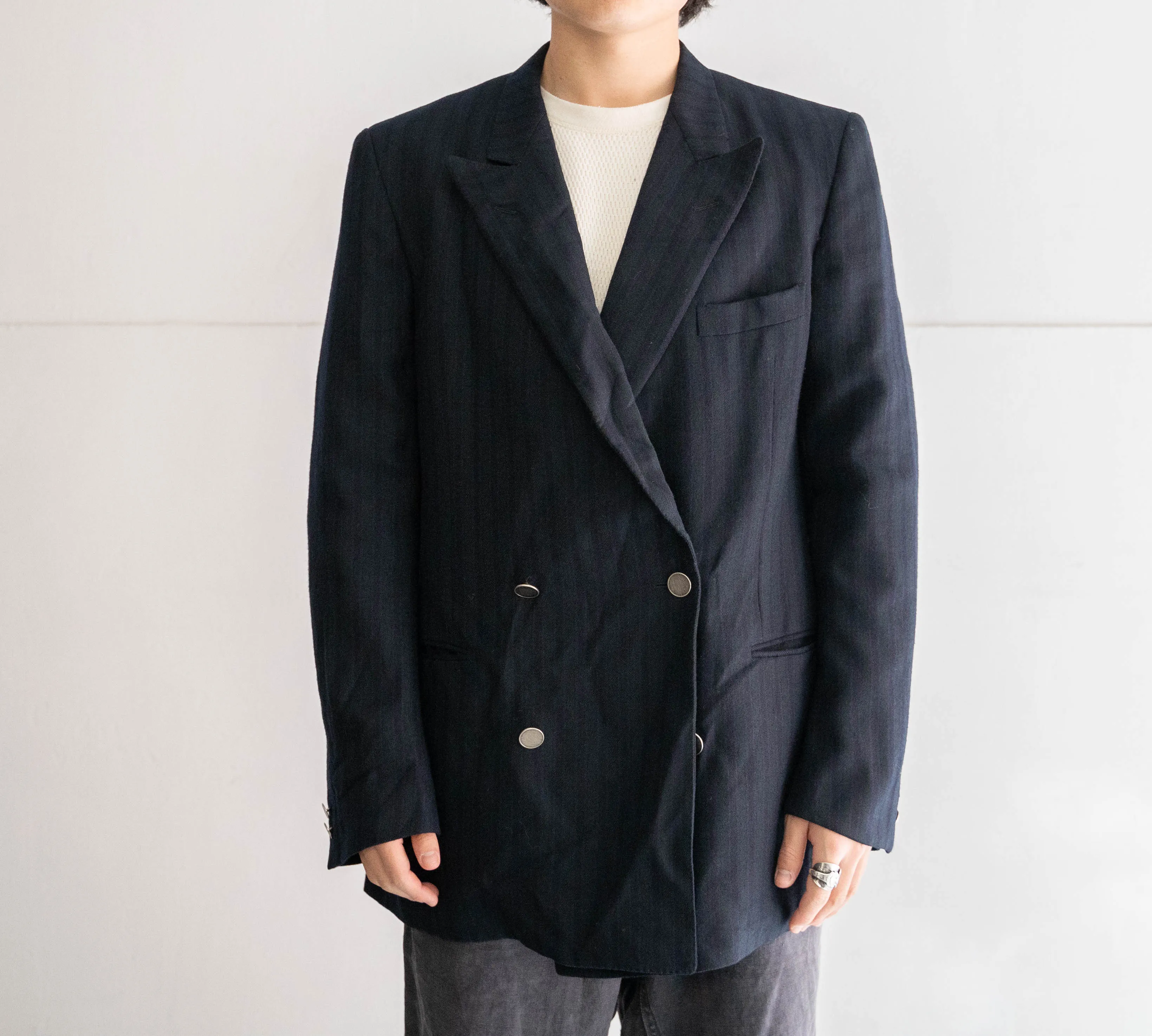 around 1980s Japan vintage green×navy×blue stripe double breasted jacket　