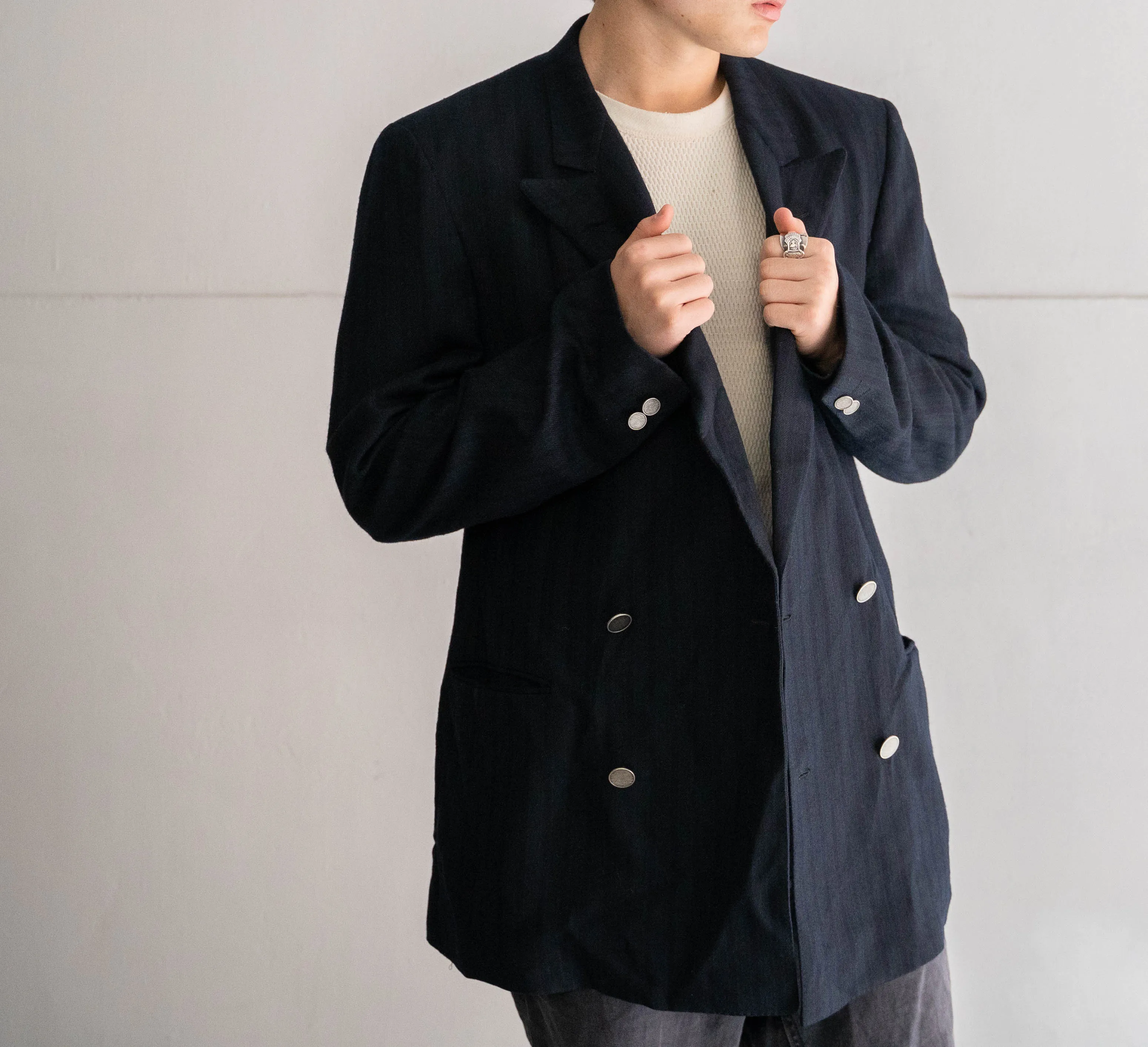 around 1980s Japan vintage green×navy×blue stripe double breasted jacket　