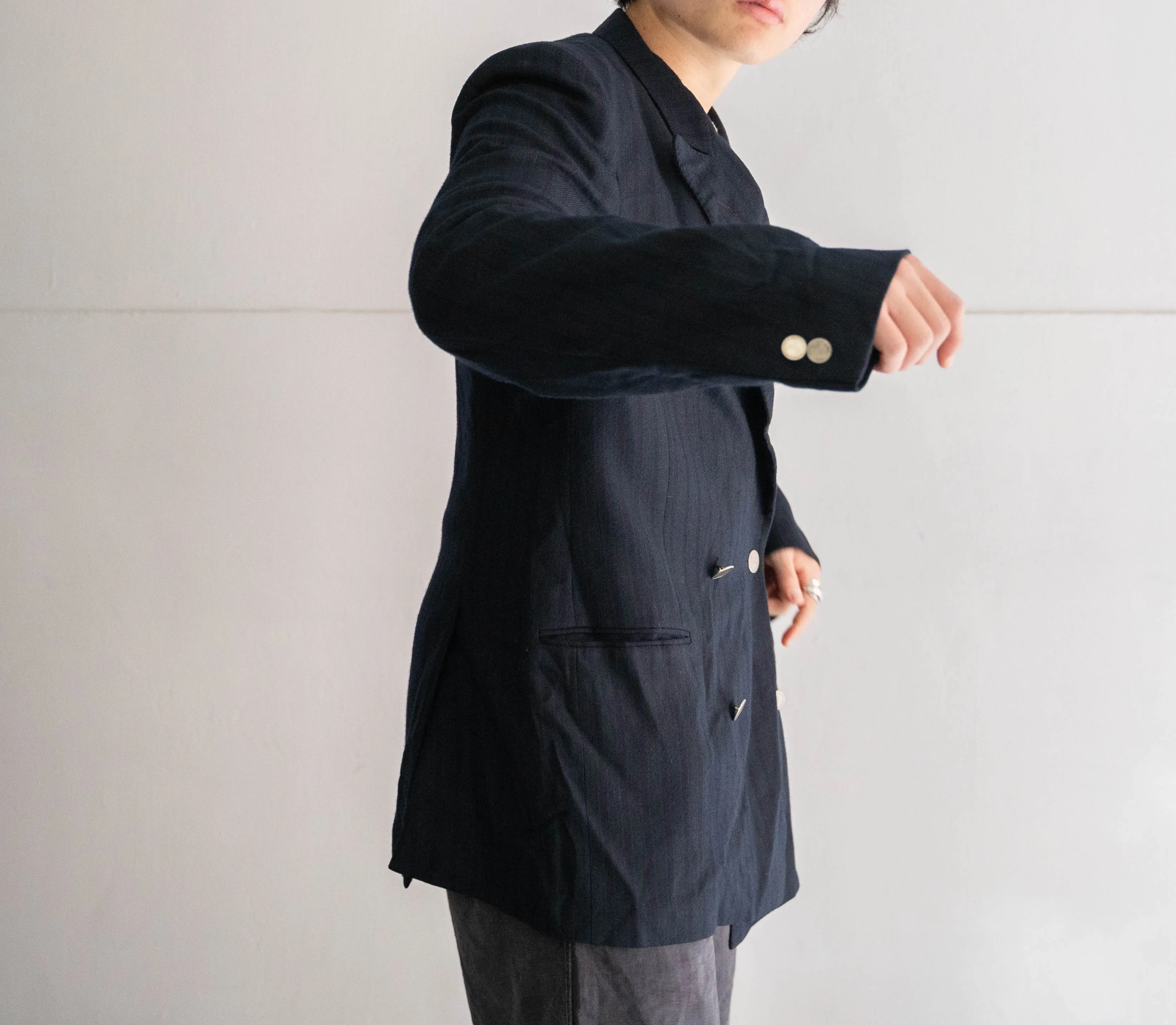 around 1980s Japan vintage green×navy×blue stripe double breasted jacket　