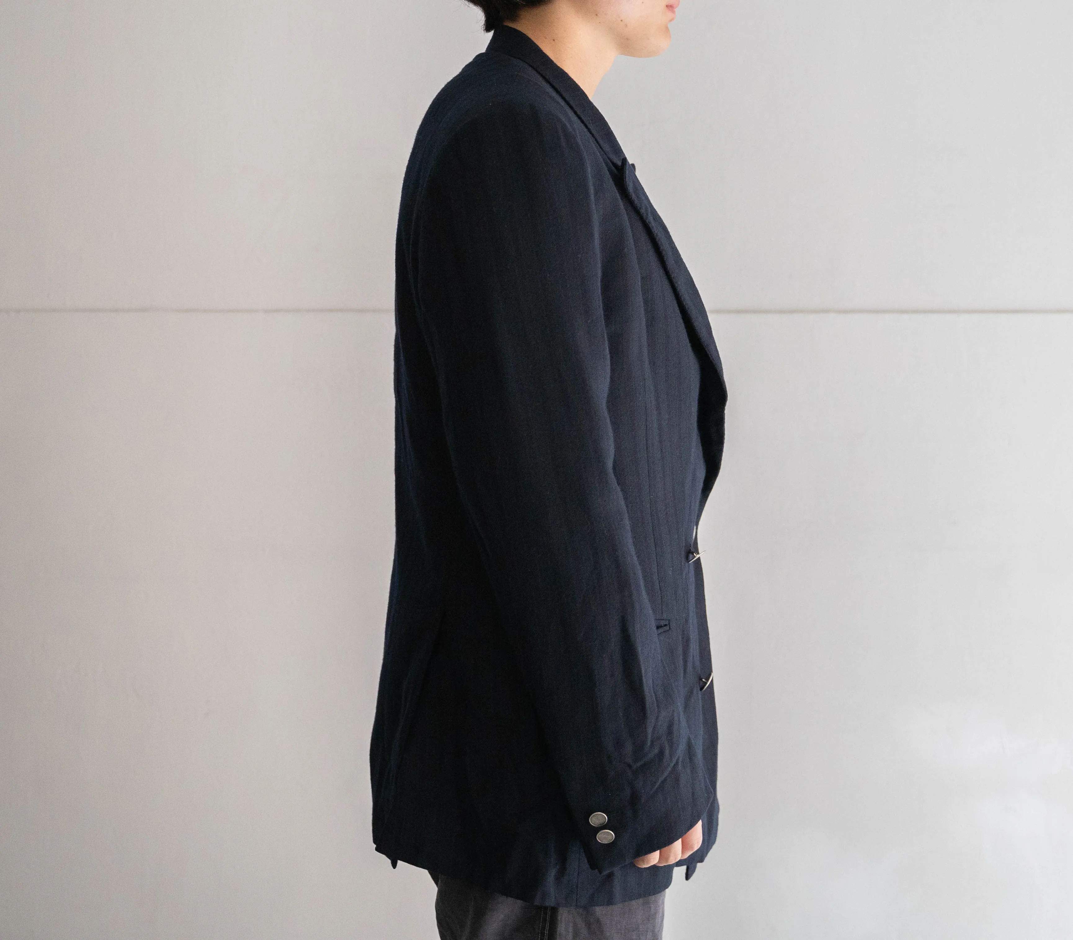 around 1980s Japan vintage green×navy×blue stripe double breasted jacket　