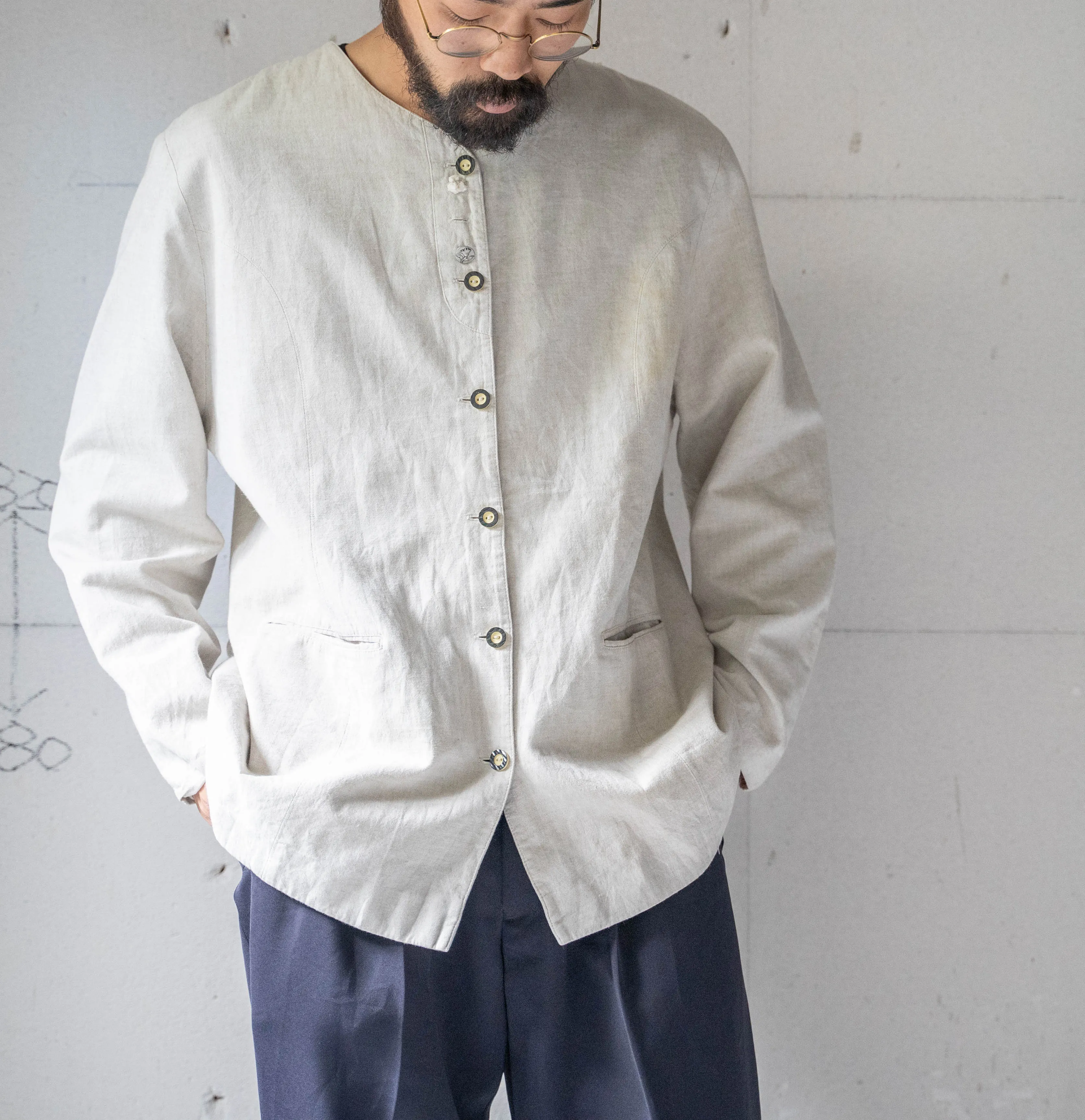 around 1990s ecru color cotton no collar tyrolean jacket