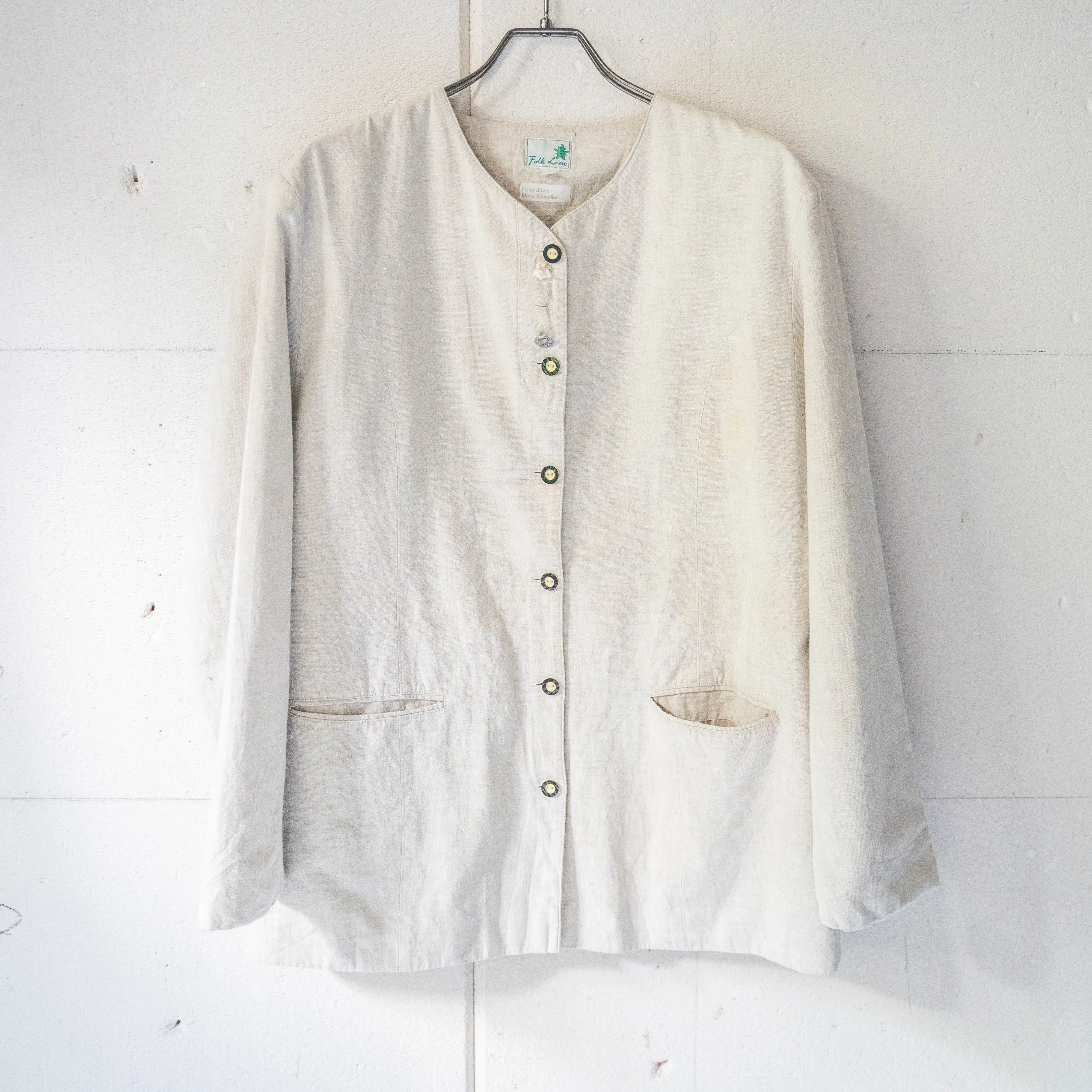 around 1990s ecru color cotton no collar tyrolean jacket