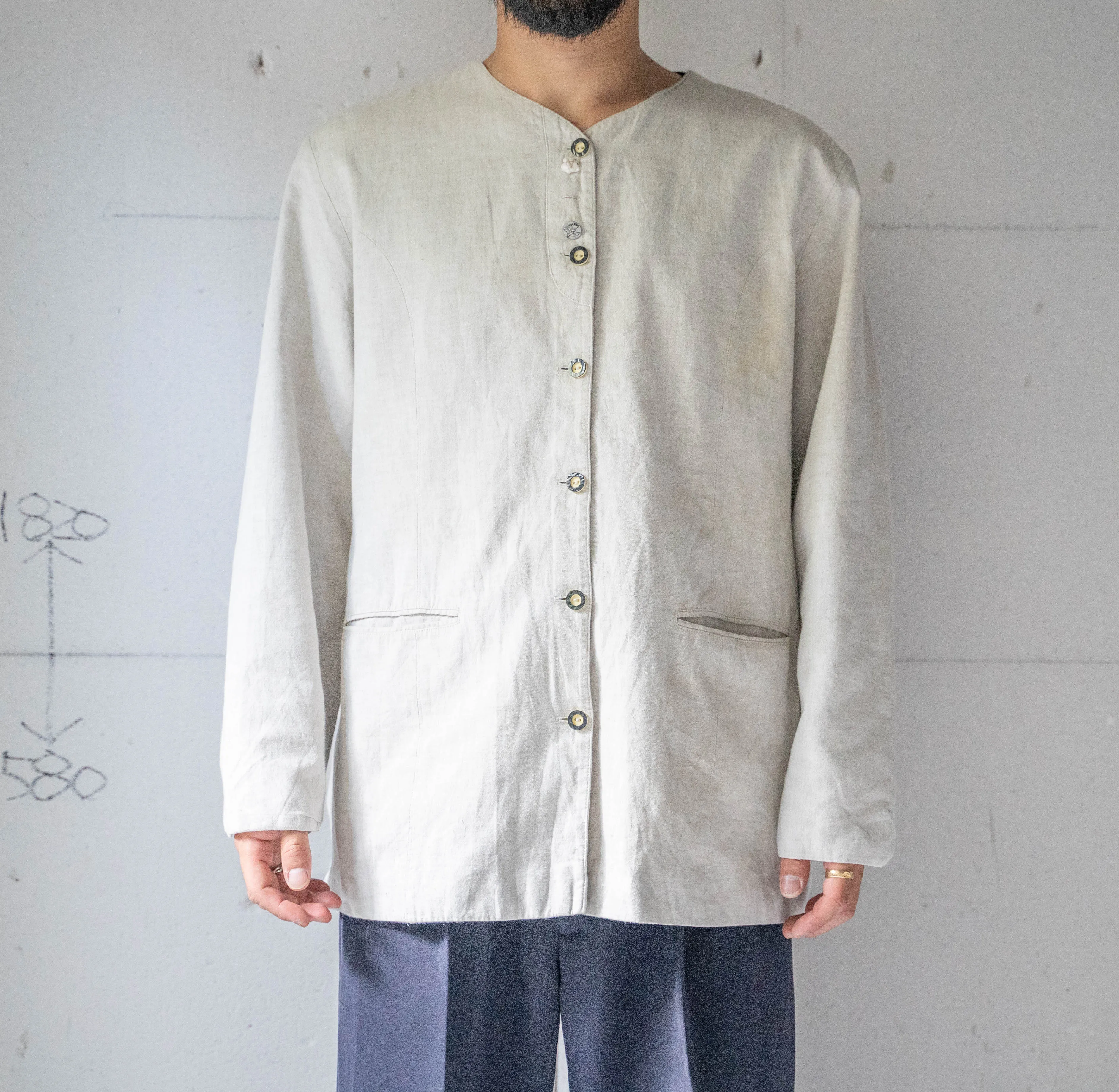 around 1990s ecru color cotton no collar tyrolean jacket