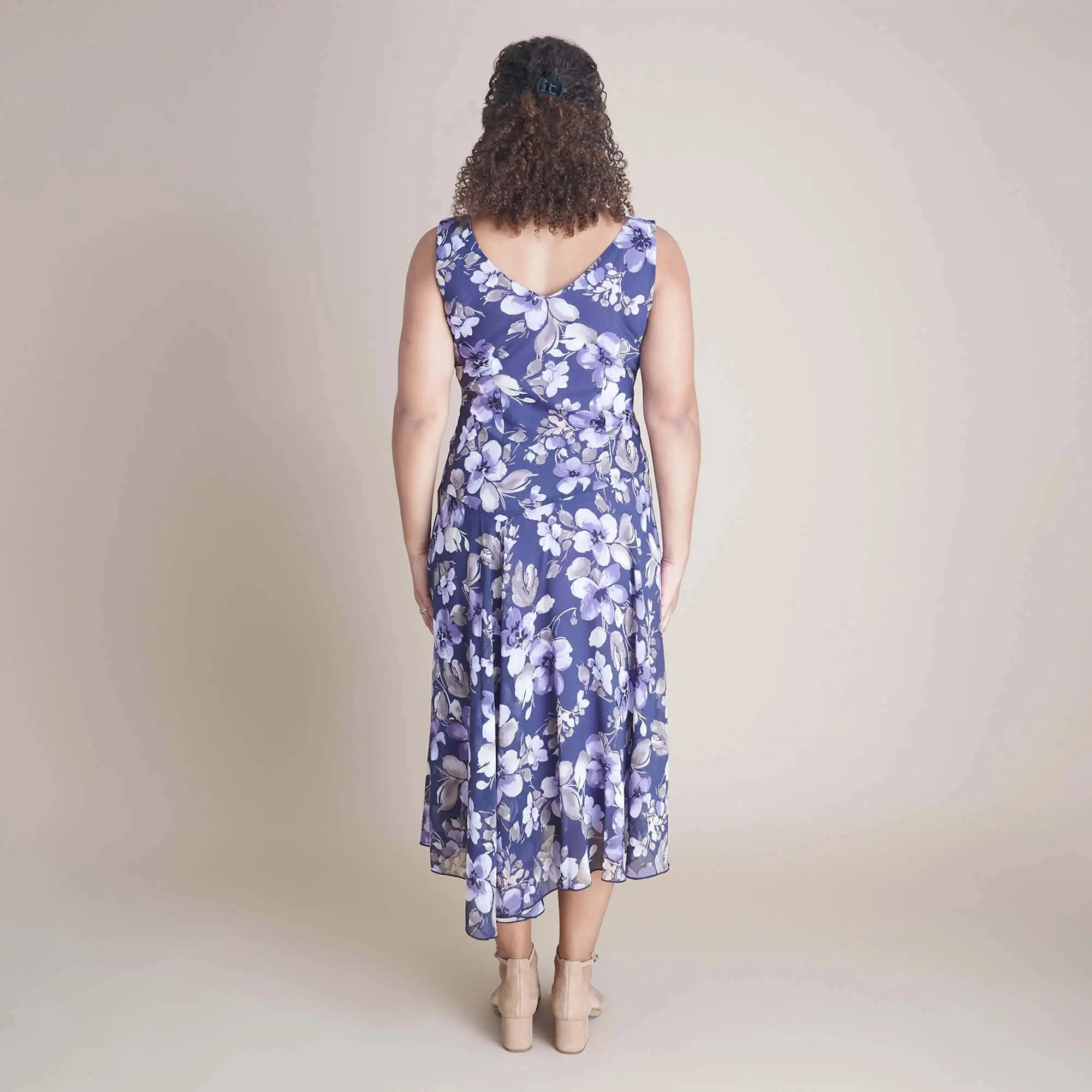 Audrey Grape Floral Asymmetrical Midi Dress