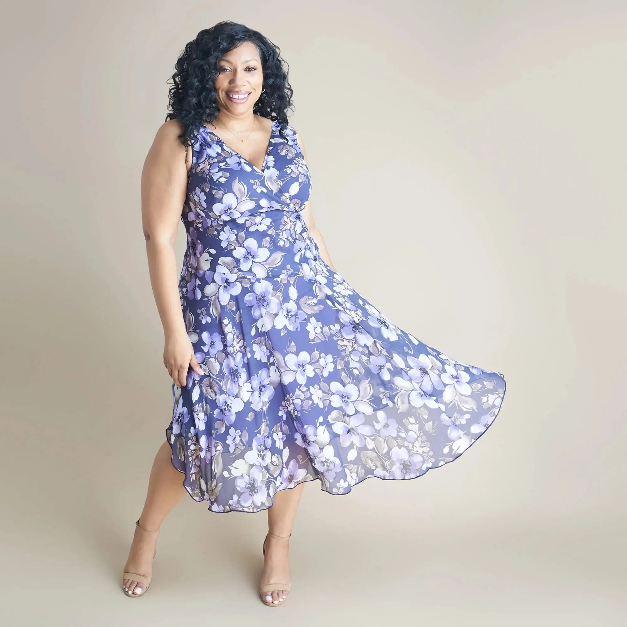 Audrey Grape Floral Asymmetrical Midi Dress