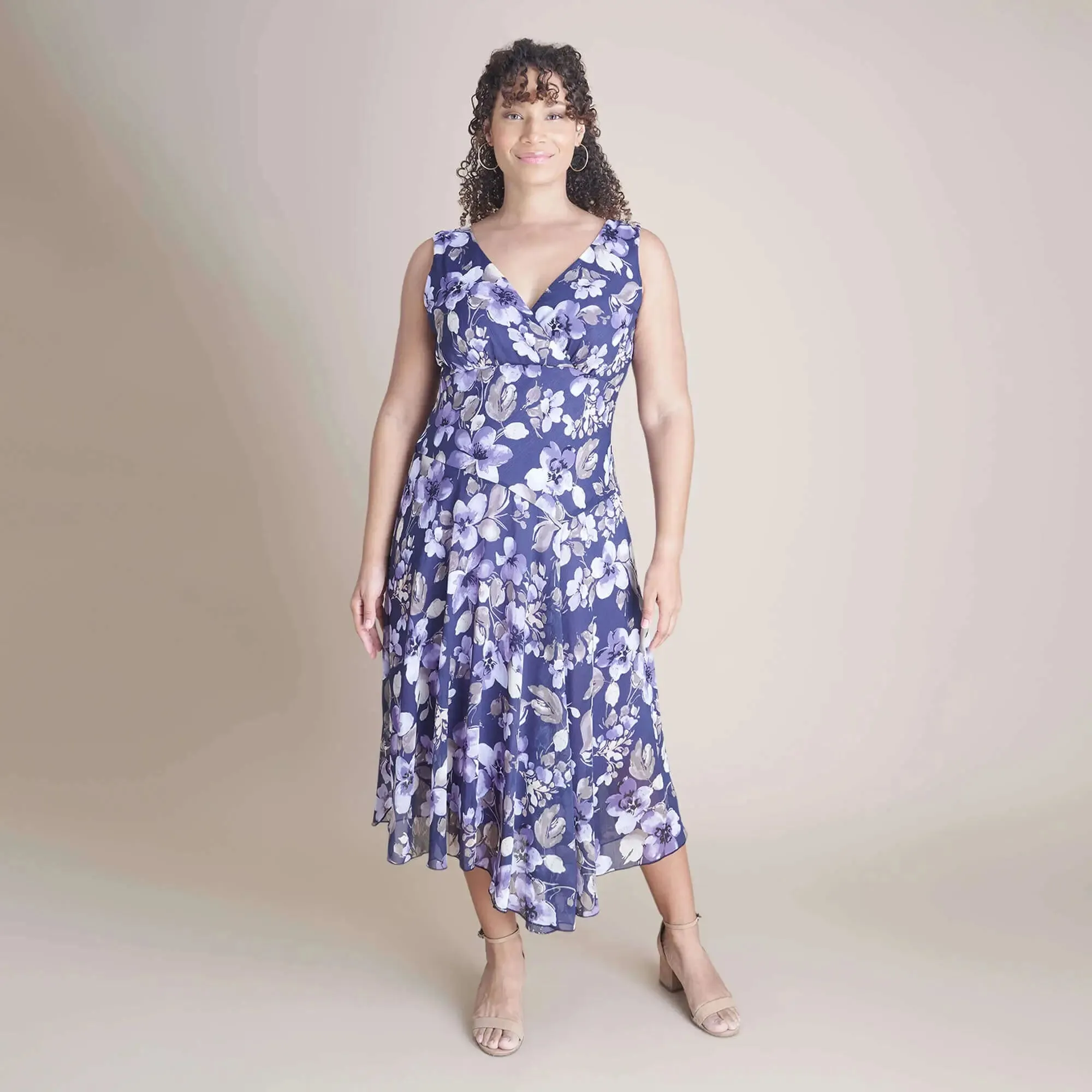 Audrey Grape Floral Asymmetrical Midi Dress