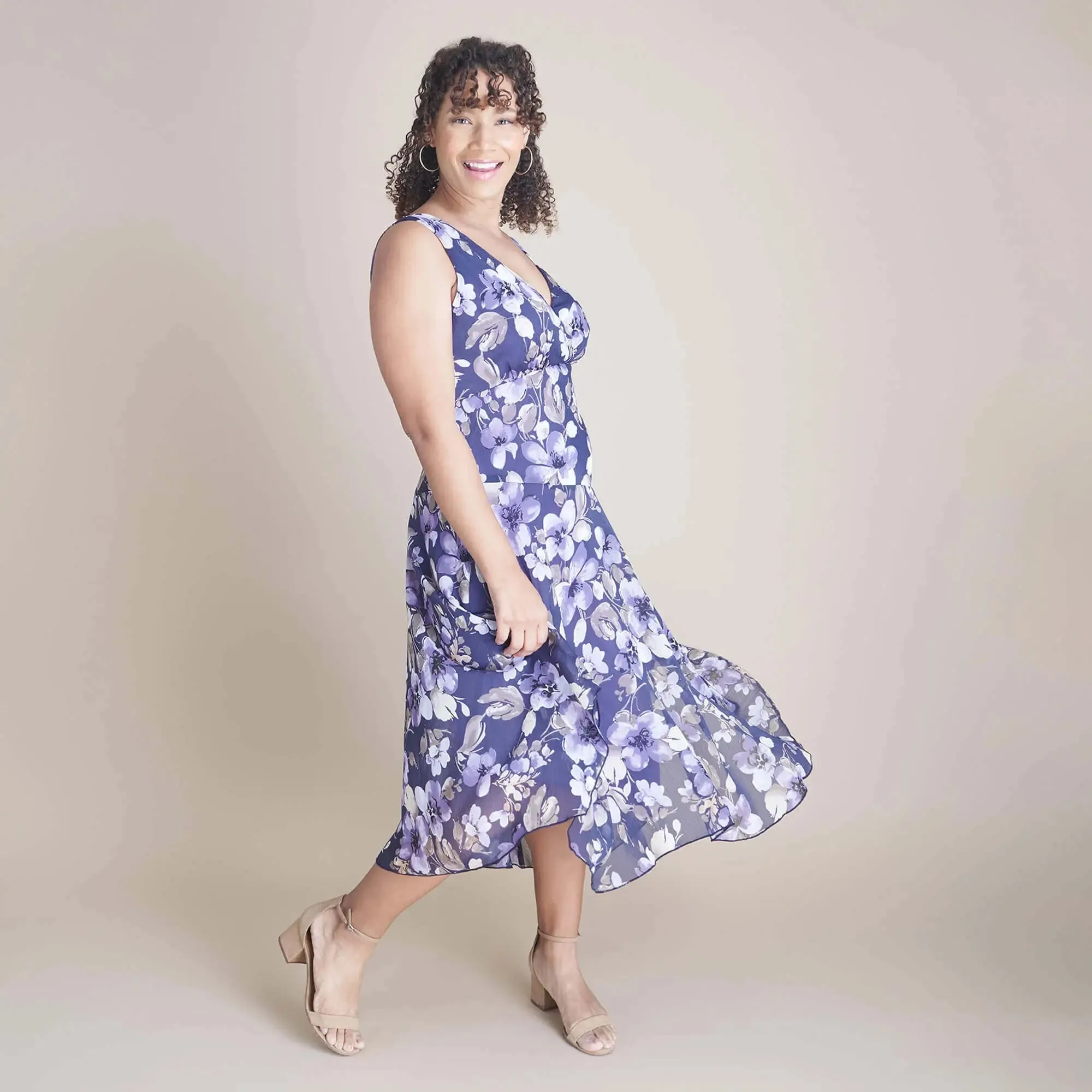 Audrey Grape Floral Asymmetrical Midi Dress