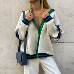 Autumn Striped Loose Jacket Sweater Fashion Contrast Color V Neck Coat