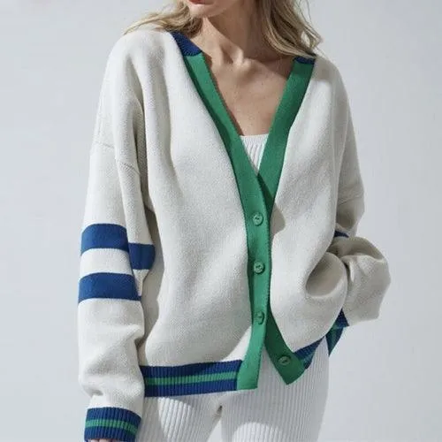 Autumn Striped Loose Jacket Sweater Fashion Contrast Color V Neck Coat