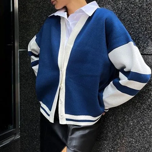Autumn Striped Loose Jacket Sweater Fashion Contrast Color V Neck Coat