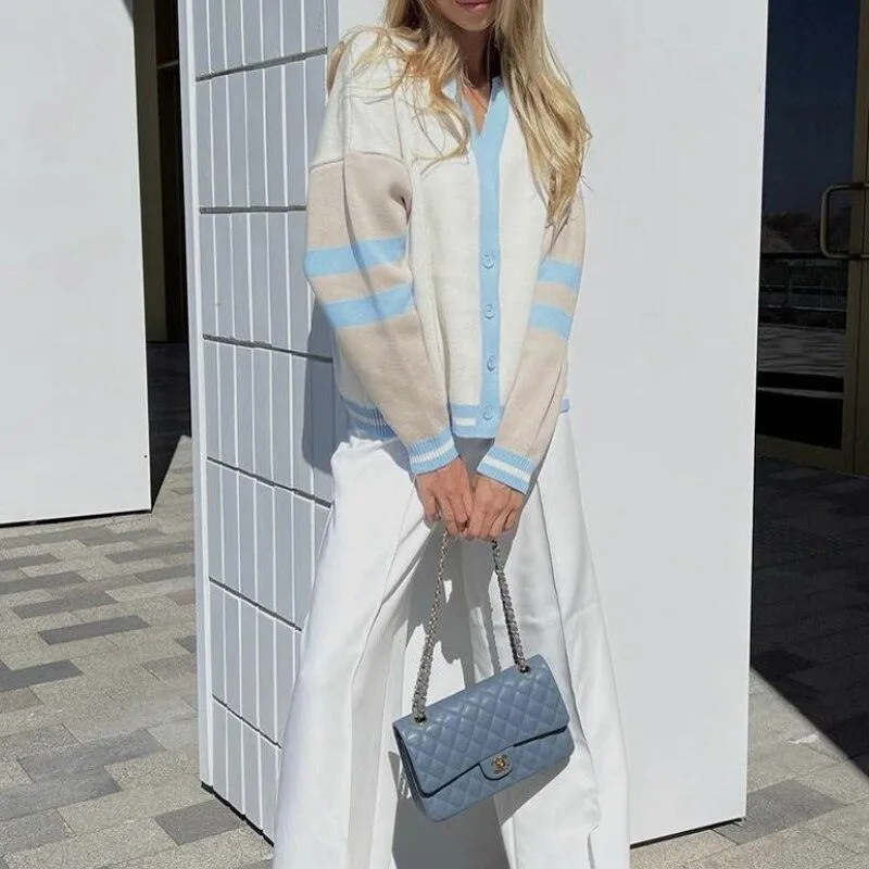 Autumn Striped Loose Jacket Sweater Fashion Contrast Color V Neck Coat