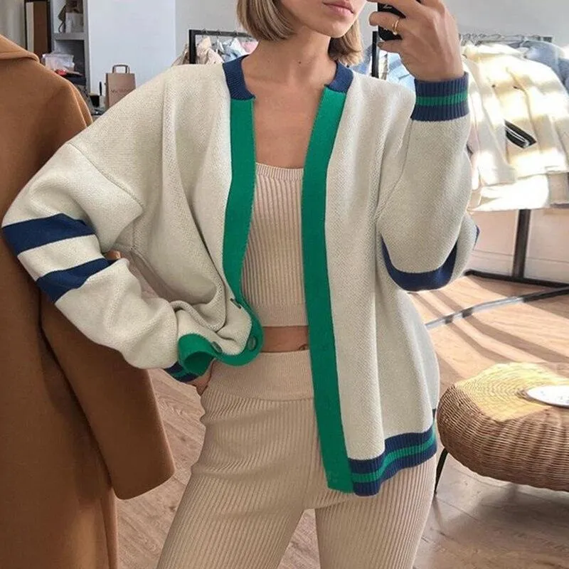 Autumn Striped Loose Jacket Sweater Fashion Contrast Color V Neck Coat