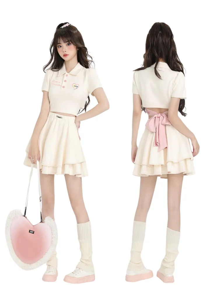 Back Style Collar Polo Ribbon Skirt Shirt Ballet Short