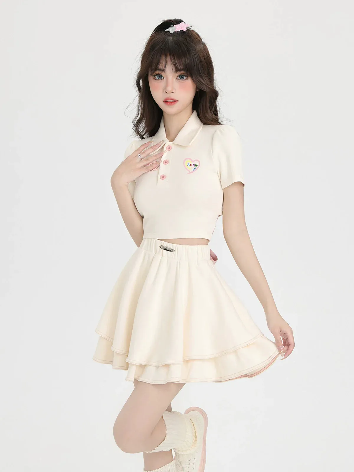Back Style Collar Polo Ribbon Skirt Shirt Ballet Short