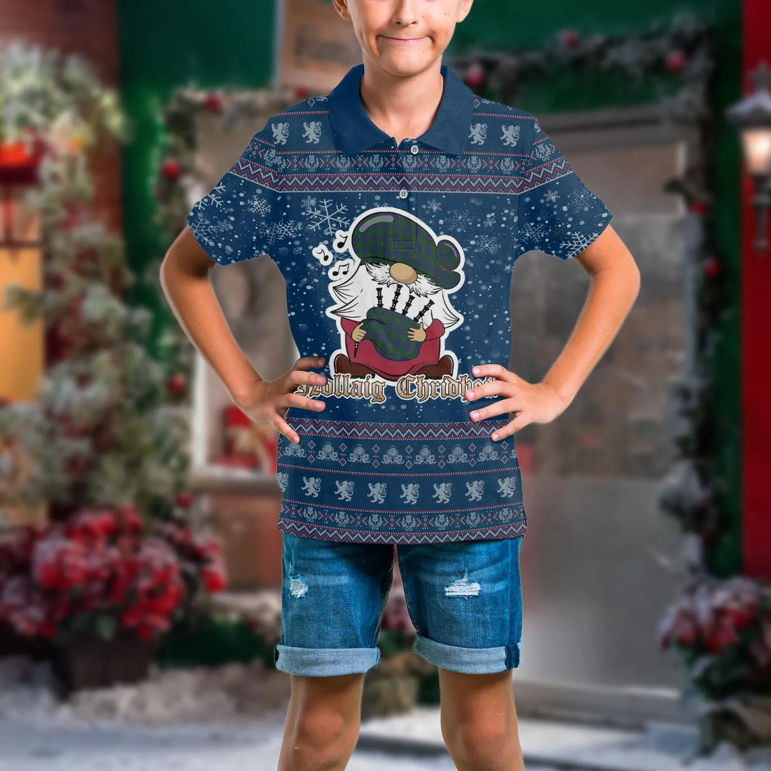 Barclay Clan Christmas Family Polo Shirt with Funny Gnome Playing Bagpipes