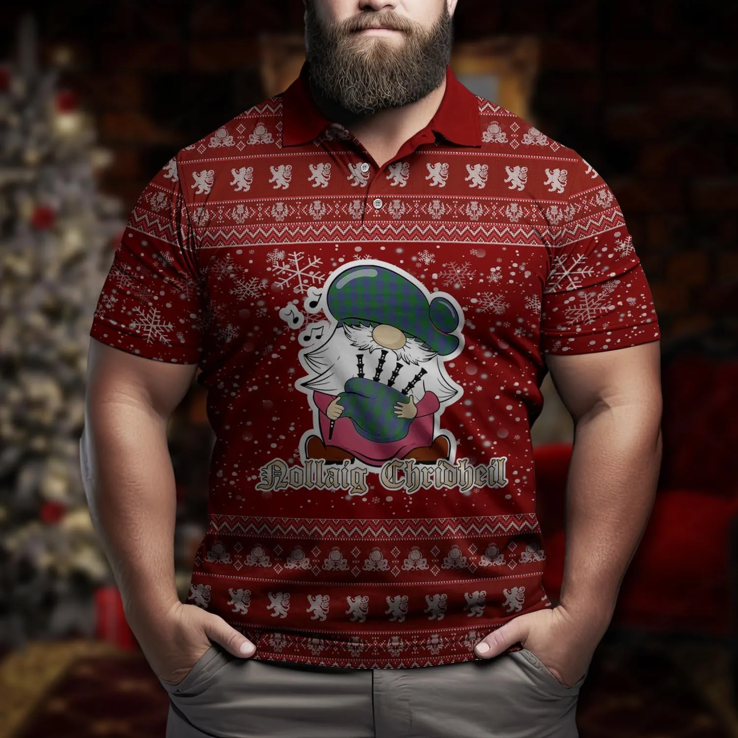 Barclay Clan Christmas Family Polo Shirt with Funny Gnome Playing Bagpipes