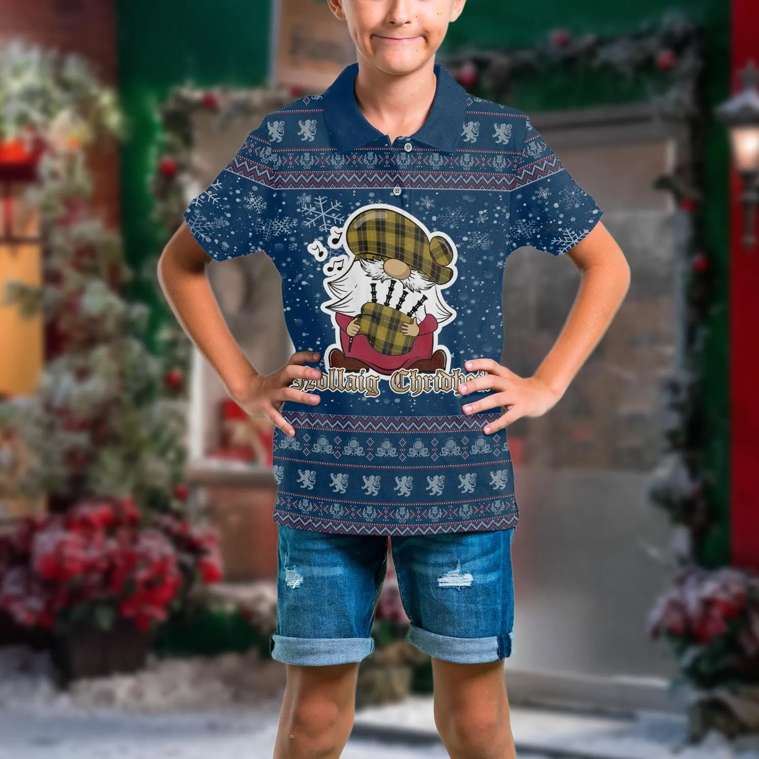 Barclay Dress Clan Christmas Family Polo Shirt with Funny Gnome Playing Bagpipes