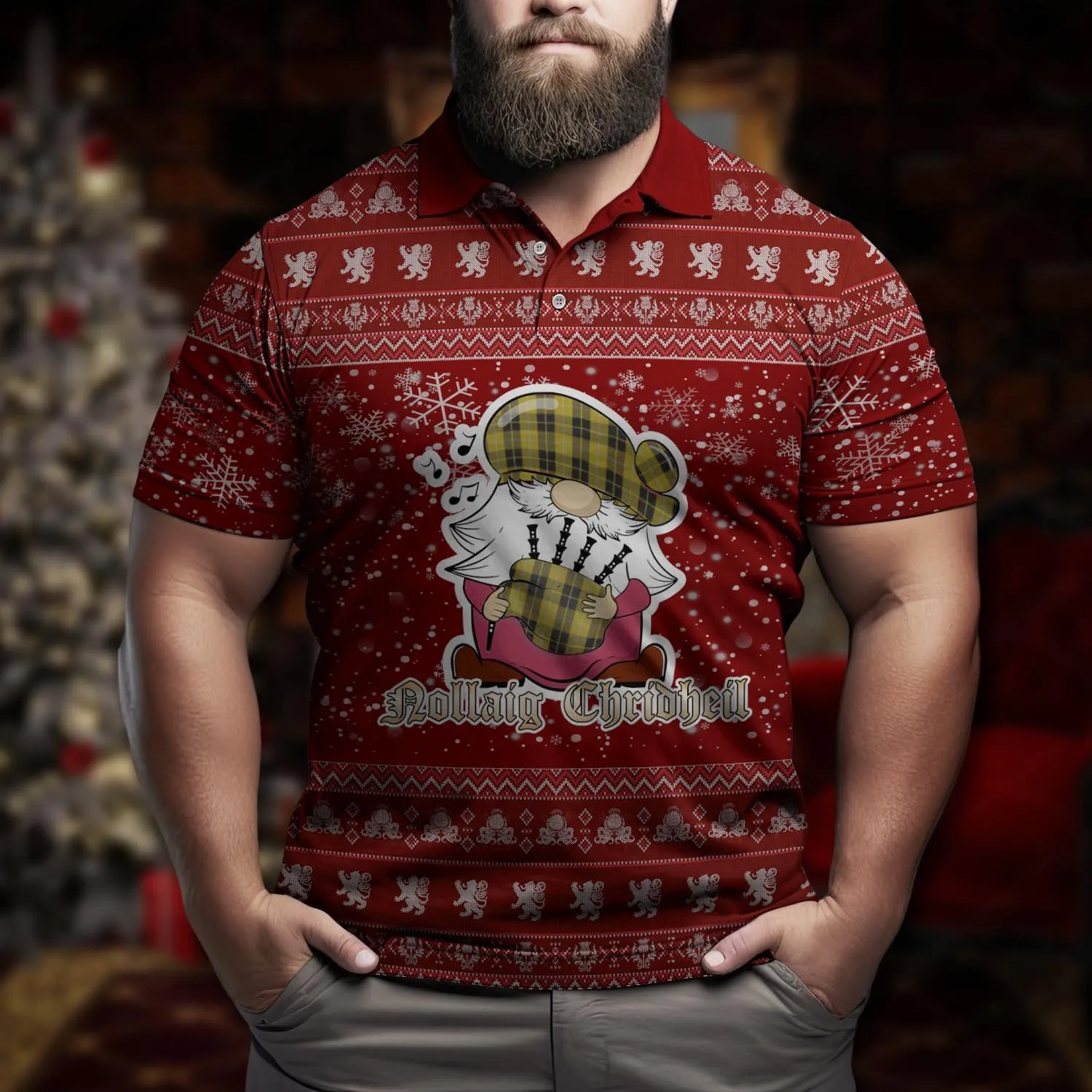 Barclay Dress Clan Christmas Family Polo Shirt with Funny Gnome Playing Bagpipes