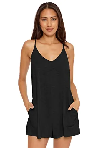 BCA by Rebecca Virtue Oasis - Women's Beach Romper with Plunge Neckline and Waist Tie, Beach Cover Ups for Women's Swimwear, Black, Small