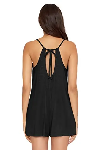 BCA by Rebecca Virtue Oasis - Women's Beach Romper with Plunge Neckline and Waist Tie, Beach Cover Ups for Women's Swimwear, Black, Small
