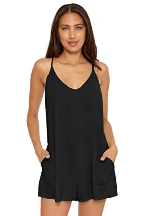 BCA by Rebecca Virtue Oasis - Women's Beach Romper with Plunge Neckline and Waist Tie, Beach Cover Ups for Women's Swimwear, Black, Small