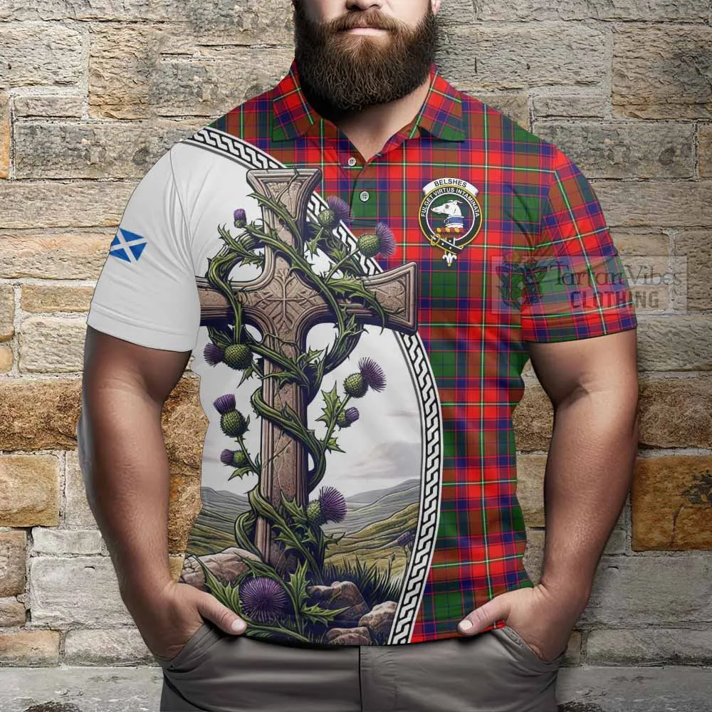 Belshes (Belsches) Tartan Polo Shirt with Family Crest and St. Andrew's Cross Accented by Thistle Vines