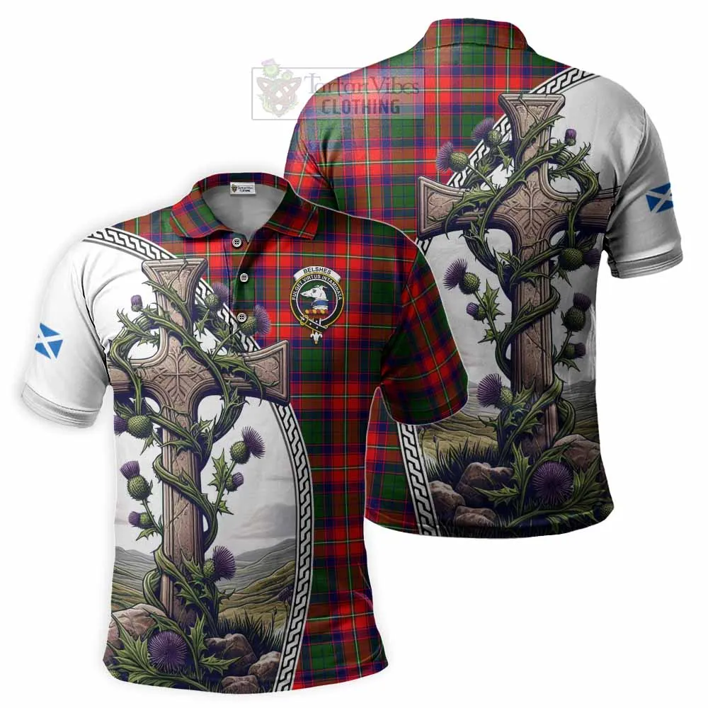 Belshes (Belsches) Tartan Polo Shirt with Family Crest and St. Andrew's Cross Accented by Thistle Vines