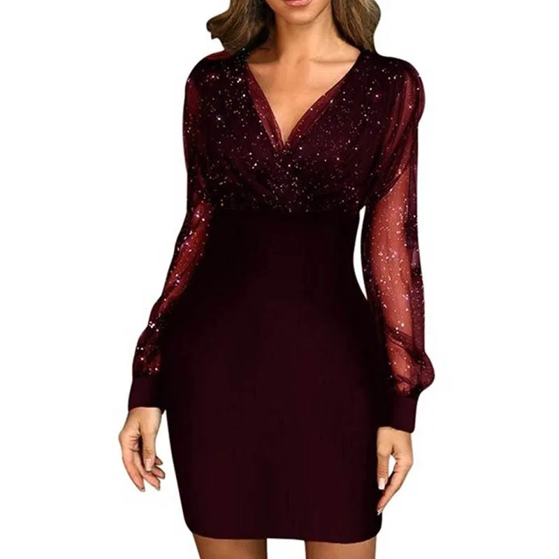 BerriesJam - 2024 Velvet Dress V-Neck Sparkly Sequin Cocktail Party Wrap Dress