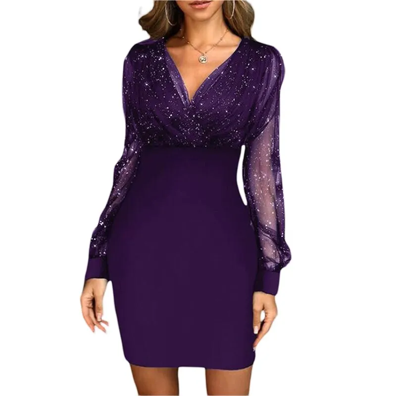 BerriesJam - 2024 Velvet Dress V-Neck Sparkly Sequin Cocktail Party Wrap Dress